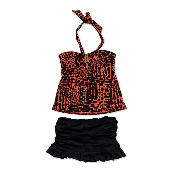 Island Escape Womens Printed Ruffle Skirtini 2 Piece Tankini, Orange, 6
