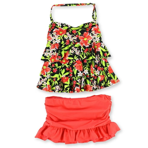 Island Escape Womens Tiered Ruffle 2 Piece Tankini, Red, 6