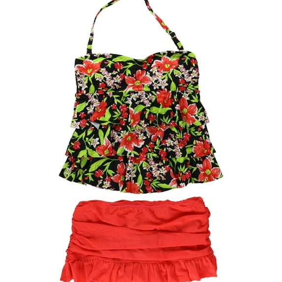 Island Escape Womens Tiered Ruffle 2 Piece Tankini, Red, 8