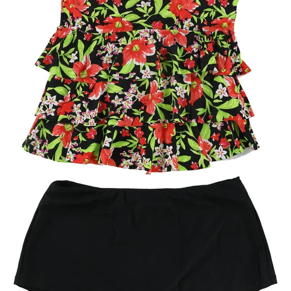 Island Escape Womens Tiered Skirtini 2 Piece Bandeau, Red, 10