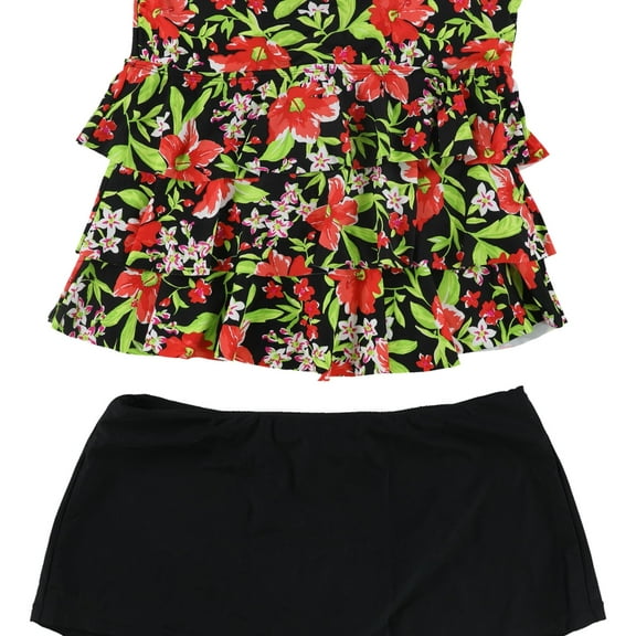 Island Escape Womens Tiered Skirtini 2 Piece Bandeau, Red, 10