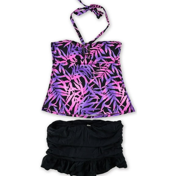 Island Escape Womens Tropical Ruffled Skirtini 2 Piece Bandini, Purple, 10