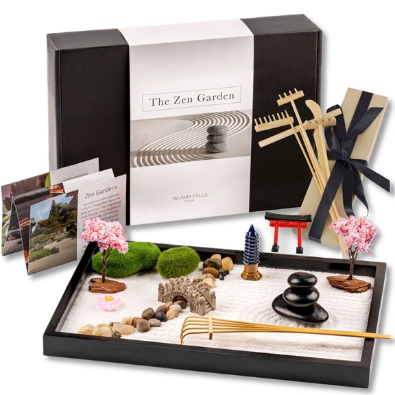 Island Falls Home Zen Garden Kit 11x8in. Beautiful Japanese Decor Mini Rock Feature Gift Set for Home, Office Desk. Zen Sand Garden, 6 Tools, 15 Accessories. Sand Tray Therapy Desktop Meditation Room