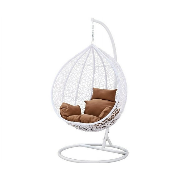 Island Gale® Hanging Basket Chair Outdoor Front Porch Furniture with Stand and Cushion (White/Beige)