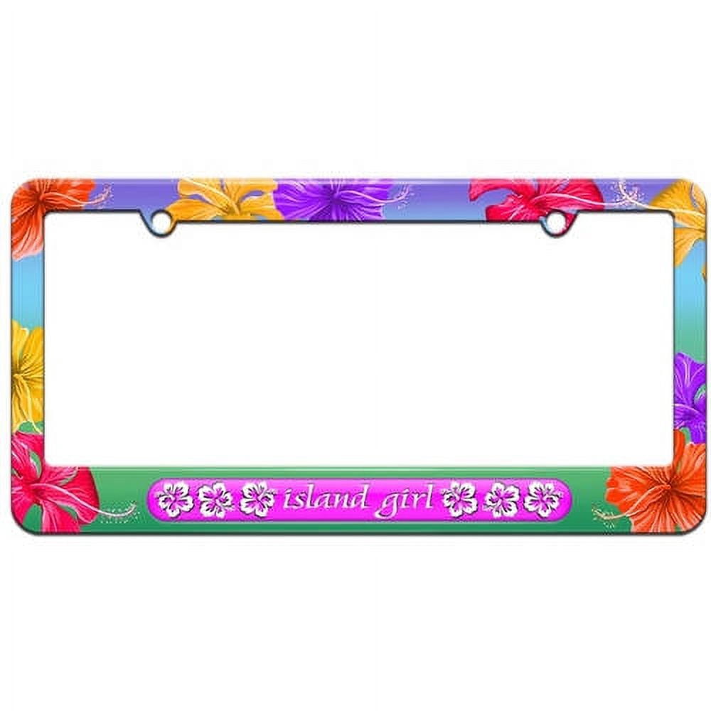 Island Girl Hibiscus Flower Beach Metal License Plate Frame – Glossy Finish, Screw-On, Front Or Rear