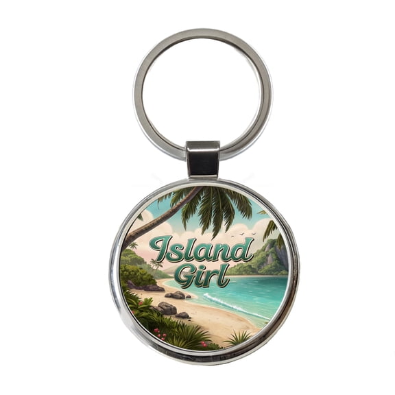 Island Girl Tropical Beach Palm Trees Metal Round Keychain