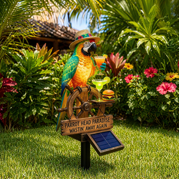 Island Happy Hour Tropical Solar Parrot Garden Light, Colorful Parrot LED Lamp, Weatherproof Resin Sculpture, Stylish Decor for Tiki Bar, Backyard and Outdoor Space F