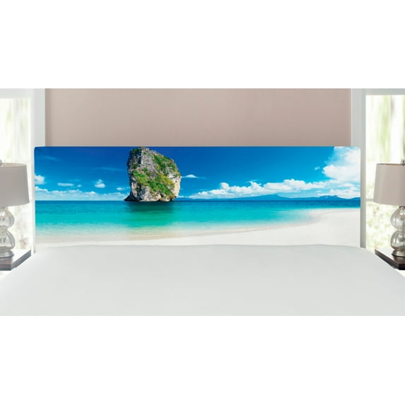 Island Headboard, Big Tall Poda Cliff Rock in the Sea in Coastline Exotic Vacation Scene, Upholstered Decorative Metal Bed Headboard with Memory Foam, King Size, Blue White Cream, by Ambesonne