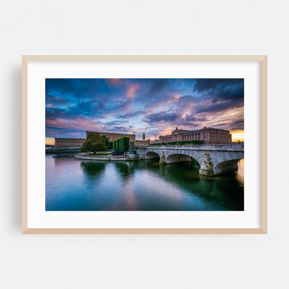 The Island of Helgeandsholmen - Stockholm Sweden Photography Architecture Bridge Cityscape Landscape Scenic Sunset Travel Poster Oak Framed Wall Art Print 5 x 7 inches