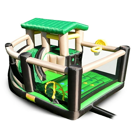 Island Hopper Fort All Sport Recreational Kids Bounce House with Fort Area, Climbing Wall, Basketball, Soccer Shot, Curved Slide & Twist & Tangle Game