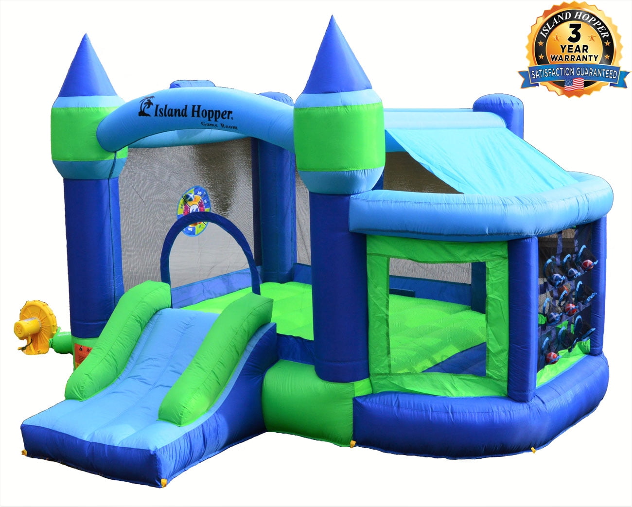 Blue and Green Sporty Kids Bounce House with Slide
