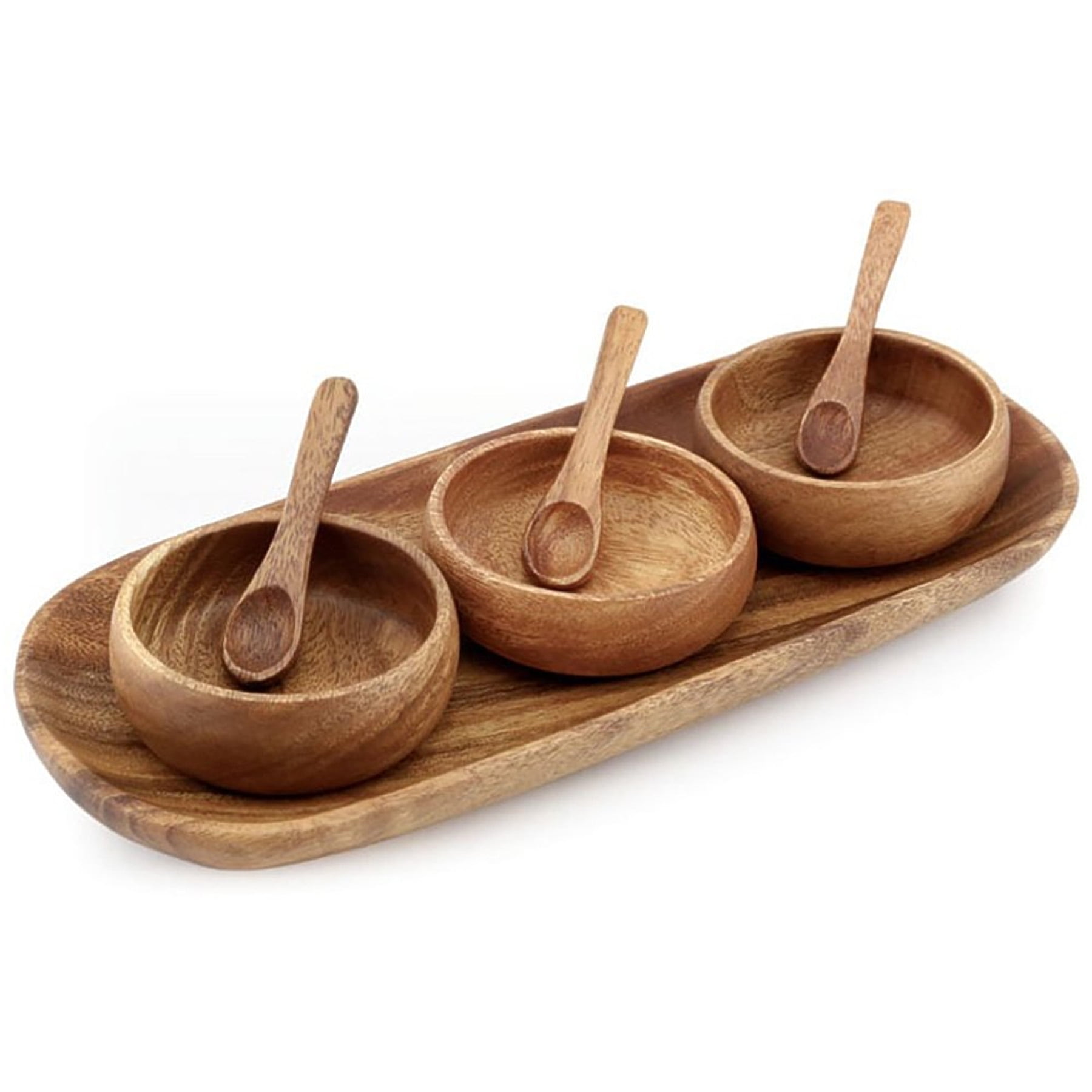 Island Imports Acacia Wood 3 Container 13.5"W x 2"H x 5.5"D Round Condiment with Tray