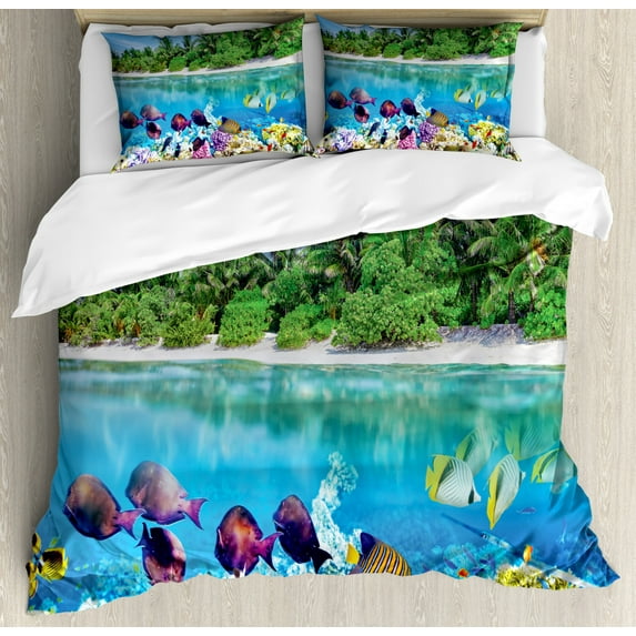Island King Size Duvet Cover Set, Sandy Seacoast and the Underwater Aquatic World in Maldives Travel Diving Paradise Photo, Decorative 3 Piece Bedding Set with 2 Pillow Shams, Multi, by Ambesonne