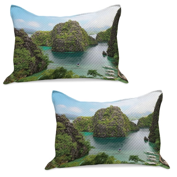 Island Knitted Quilt Pillowcover Set of 2, Landscape of Majestic Cliff in Philippines Wild Hot Nature Resort Off Picture, Standard Queen Pillow Sham Bedroom, 30" x 20", Green Brown Blue, by Ambesonne