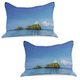 thumbnail image 1 of Island Knitted Quilt Pillowcover Set of 2, Photo of Tropic Islands in the Pacific Sea Vivid Sky View Peaceful Idyllic, Standard Queen Pillow Sham Bedroom, 30" x 20", Blue White, by Ambesonne, 1 of 1