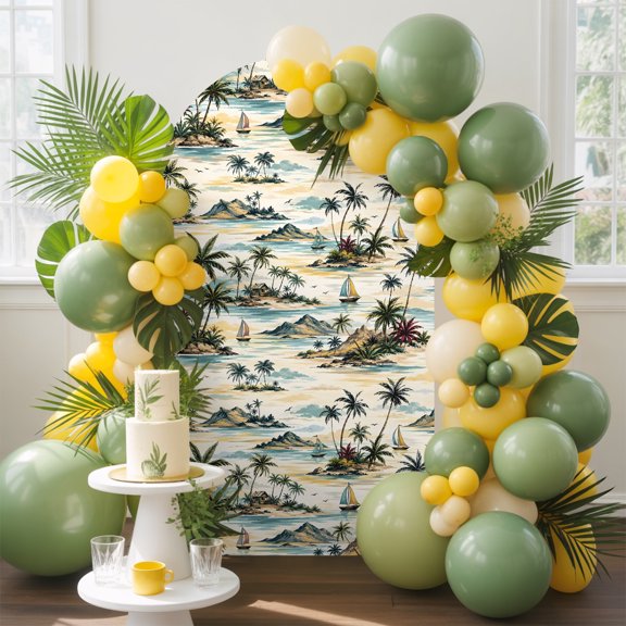 Island Landscape Arch Backdrop Cover, 4FT, Summer Coastal Nautical Palm Tree Ocean Sailboat Spandex Arch Covers Double-Sided Backdrop for Wedding Birthday Party Photo Background Decoration