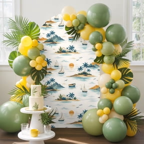 Island Landscape Arch Backdrop Cover, 4FT, Summer Coastal Palm Tree Ocean Sailboat Mountain Spandex Arch Covers Double-Sided Backdrop for Wedding Birthday Party Photo Background Decoration