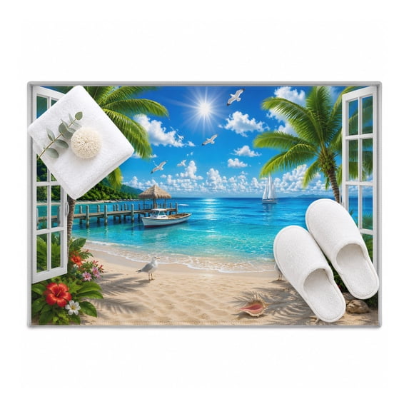 Island Landscape Area Rug 2'x3', White Window Frame Sea Beach Palm ...