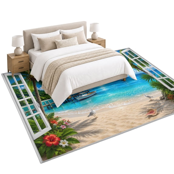 Island Landscape Area Rug 6'x9', White Window Frame Sea Beach Palm ...