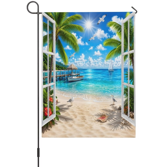 Island Landscape Garden Flags For Outdoor, White Window Frame Sea Beach Palm Trees Seagulls Small Double Side Yard Flags Weather Proof Garden Decor for Lawn Outside Holiday 12 x 18 Inches
