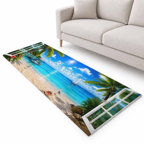 Island Landscape Runner Rug 2.6'x8', White Window Frame Sea Beach Palm ...