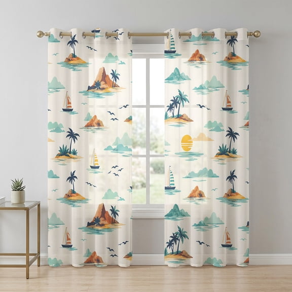 Island Landscape Sheer Curtains 96 Inch Long 2 Panels, Summer Coastal Mountain Palm Tree Ocean Sailboat Light Filtering Semi Sheer Drapes Grommet Voile Window Curtain for Living Bedroom W52 x L96