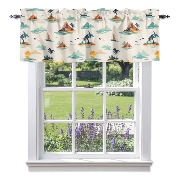 Island Landscape Valance Curtain 1 Panel, Summer Coastal Mountain Palm Tree Ocean Sailboat Kitchen Valance with Rod Pocket Window Treatment Short Curtains for Bathroom Bedroom, 42 x 12 Inches