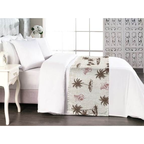 Island Life Bed Runner, Tropical Design Isle Palm Tree Silhouettes and Cocktails Print, Decorative Accent Bedding Scarf for Hotels Homes & Guest Rooms, King, Eggshell Taupe Raspberry, by Ambesonne