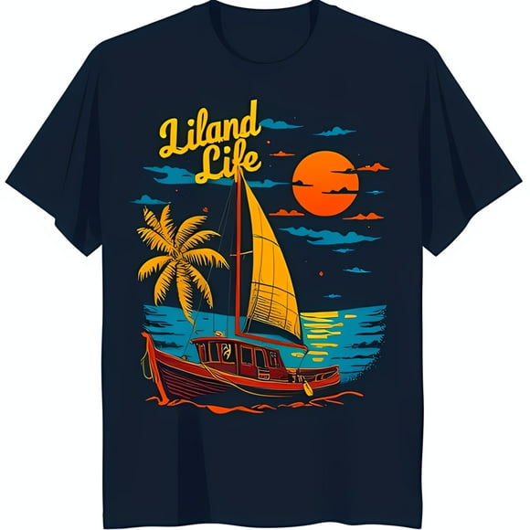 Island Life Black T-Shirt with Vibrant Sailboat and Tropical Sunset Design