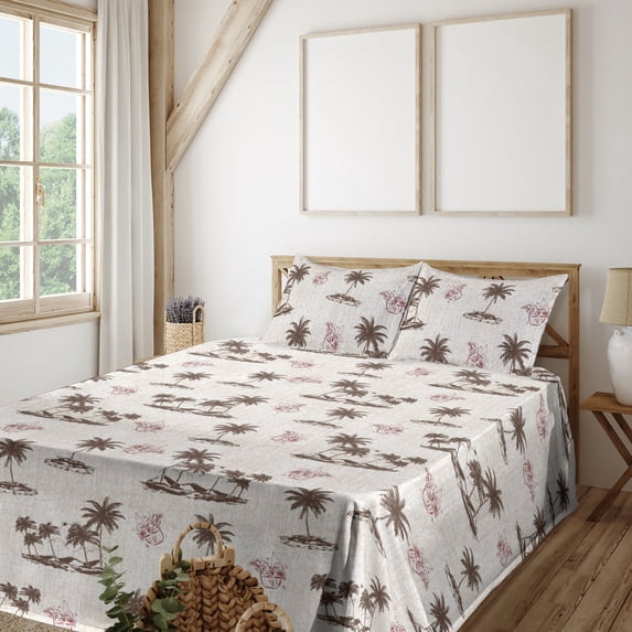 Ambesonne Island Life Fitted & Flat Sheet with Shams 4 Pcs Set, Tropical Isle and Palm, Full, Eggshell Taupe Raspberry