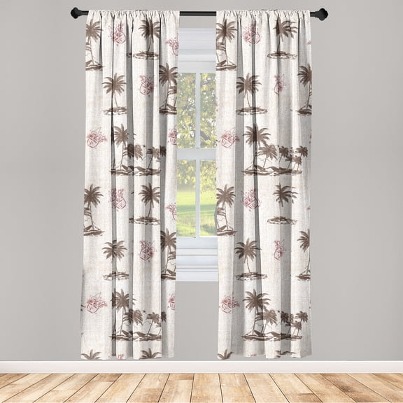 Island Life Window Curtains, Tropical Design Isle Palm Tree Silhouettes and Cocktails Print, Lightweight Decor 2-Panel Set with Rod Pocket, Pair of - 28"x84", Eggshell Taupe Raspberry, by Ambesonne