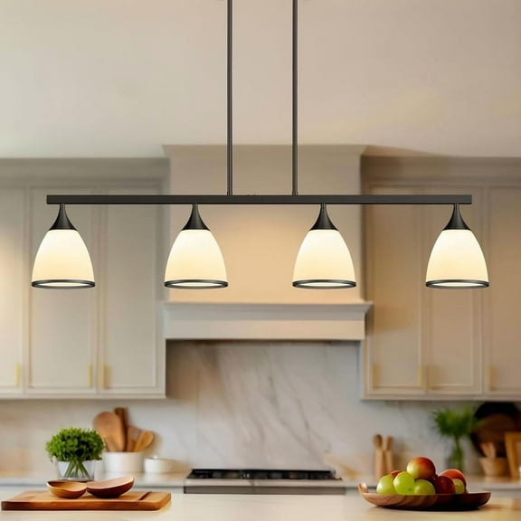 Island Light Kitchen Island Pendant Lighting 4-Light Black Finish Round Frosted Glass Shades