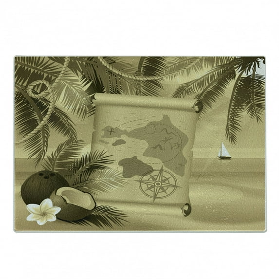 Island Map Cutting Board, Monochrome Retro Treasure Map on a Tropical Escape Sandy Beach with Palms Exotic, Decorative Tempered Glass Cutting and Serving Board, Small Size, Sepia, by Ambesonne