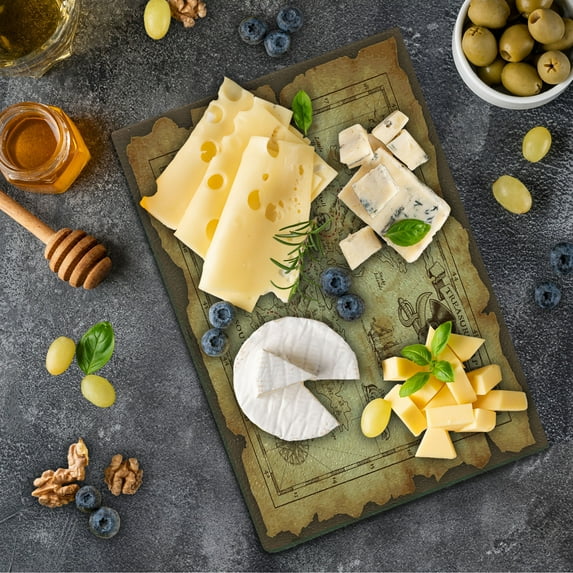 Island Map Cutting Board, Super Detailed Treasure Map Grungy Rustic Pirates Gold Secret Sea History Theme, Decorative Tempered Glass Cutting and Serving Board, Small Size, Beige Brown, by Ambesonne