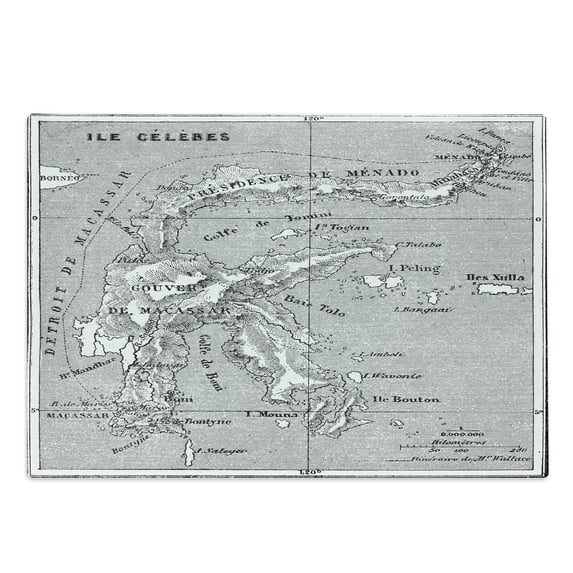 Island Map Cutting Board, Vintage Style French Map Chart of Sulawesi Island Mediterranean Destination, Decorative Tempered Glass Cutting and Serving Board, Large Size, Black and White, by Ambesonne