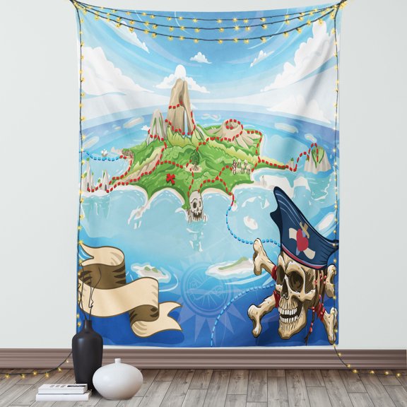 Island Map Decor Tapestry, Aerial Fantasy Pirate Cove Island with Crossbones and Captain Skull Art Decor, Wall Hanging for Bedroom Living Room Dorm Decor, 40W X 60L Inches, Multi, by Ambesonne