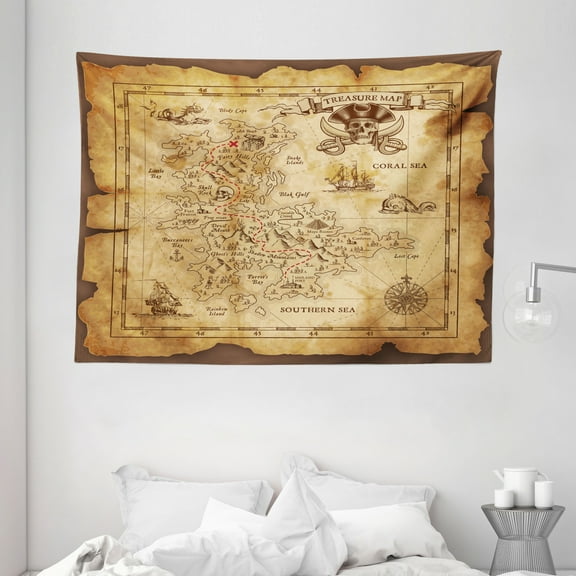 Island Map Decor Tapestry, Super Detailed Treasure Map Grungy Rustic Pirates Gold Secret Sea Theme, Wall Hanging for Bedroom Living Room Dorm Decor, 80W X 60L Inches, Beige Brown, by Ambesonne
