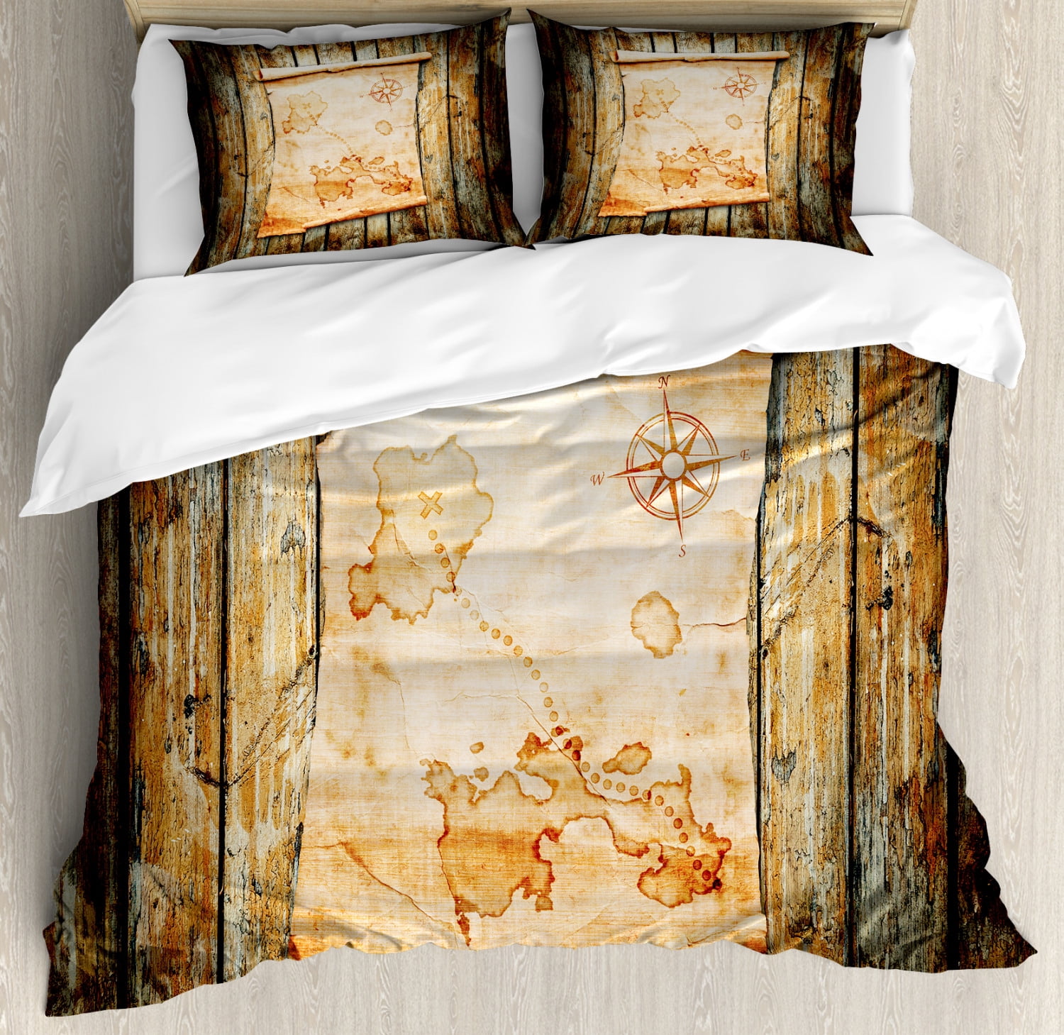 Island Map Duvet Cover Set King Size, Treasure Map on Rustic Timber X ...