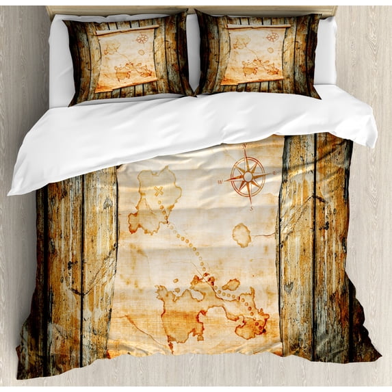 Island Map Duvet Cover Set King Size, Treasure Map on Rustic Timber X Marks the Grunge Spot Nautical Pirates Concept, Decorative 3 Piece Bedding Set with 2 Pillow Shams, Cream Brown, by Ambesonne