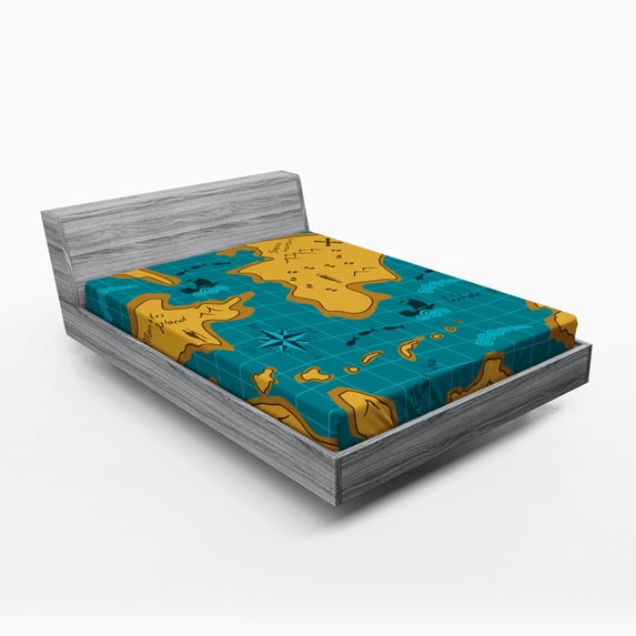 Ambesonne Map Fitted Sheet, Cartoon Adventure Boats, Full Size, Orange Blue