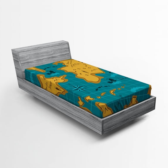 Ambesonne Map Fitted Sheet, Cartoon Adventure Boats, Twin XL Size, Orange Blue