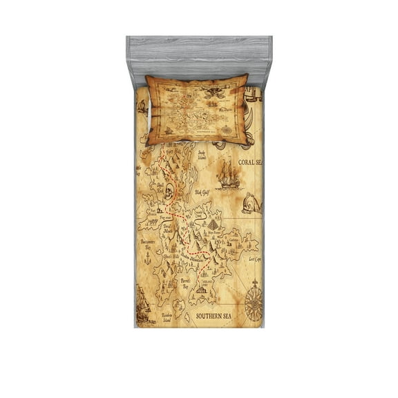 Island Map Fitted Sheet & Pillow Sham Set, Super Detailed Treasure Map Grungy Rustic Pirates Gold Secret Sea History Theme, Decorative 4 Piece Bedding Decor Set, Twinxl, Beige Brown, by Ambesonne