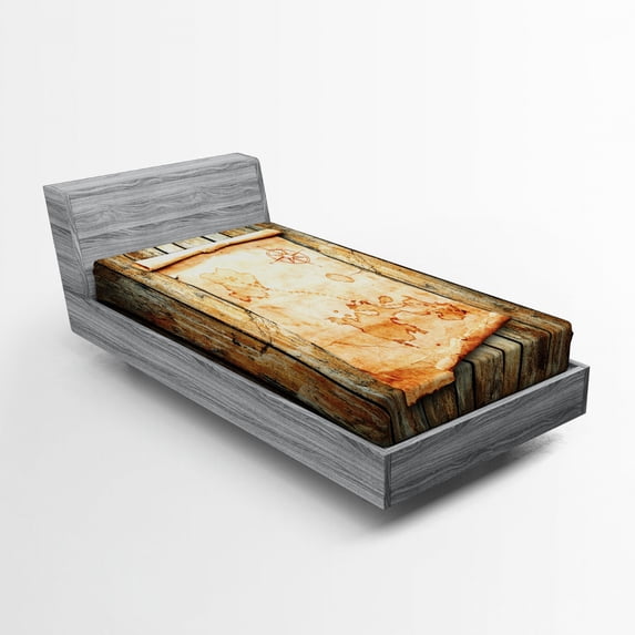 Island Map Fitted Sheet, Treasure Map on Rustic Timber X Marks the Grunge Spot Nautical Pirates Concept, Soft Decorative Fabric Bedding, Twin Size, Cream Brown, by Ambesonne