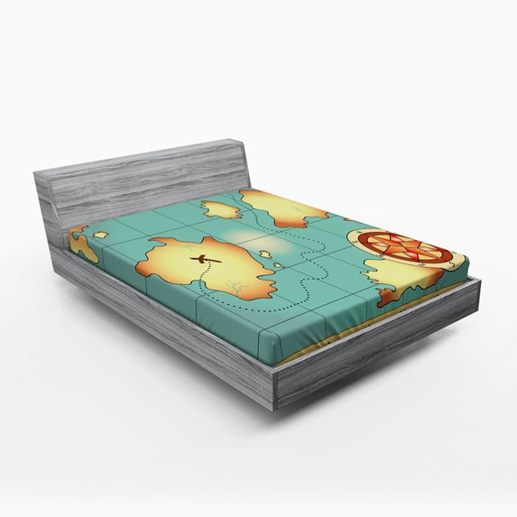 Island Map Fitted Sheet, Treasure World Map Design with Compass Navigation Adventure Hidden Land, Soft Decorative Fabric Bedding, Queen Size, Cream Blue, by Ambesonne