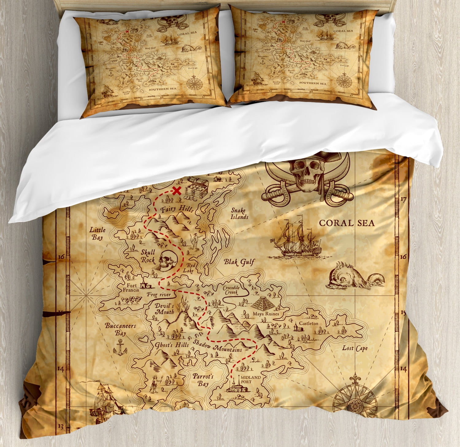 Beige Brown Rustic Pirate Map Queen Duvet Cover Set