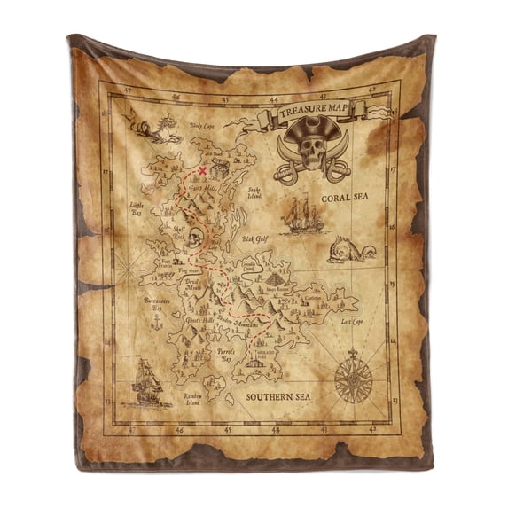 Island Map Soft Flannel Fleece Blanket, Super Detailed Treasure Map Grungy Rustic Pirates Gold Secret Sea History Theme, Cozy Plush for Indoor and Outdoor Use, 50" x 70", Beige Brown, by Ambesonne