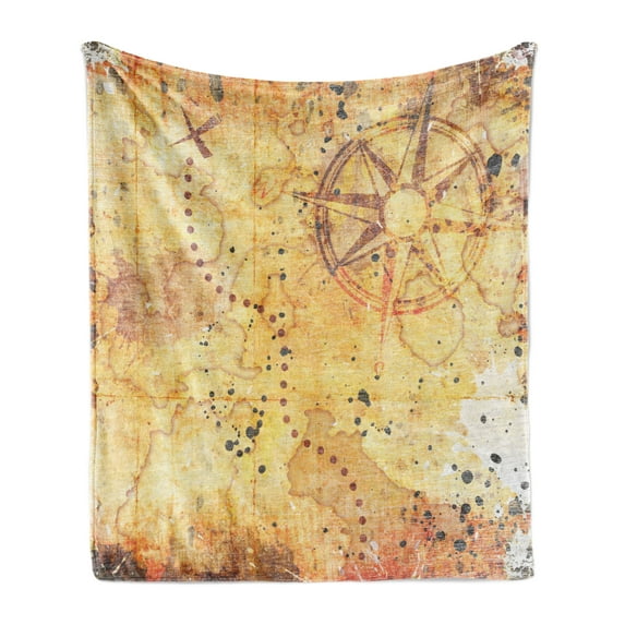 Island Map Soft Flannel Fleece Throw Blanket, Antique Treasure Map Grunge Rusty Style Parchment Print History Theme Boho Design, Cozy Plush for Indoor and Outdoor Use, 50" x 60", Beige, by Ambesonne
