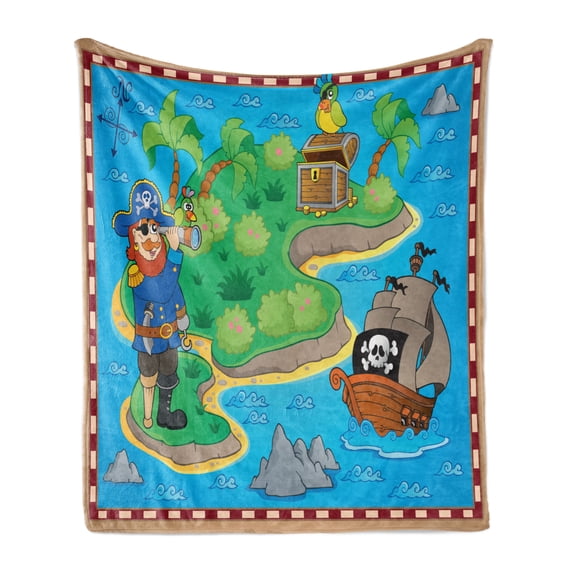 Island Map Soft Flannel Fleece Throw Blanket, Funny of Treasure Island with a Pirate Ship and Parrot Kids Play Room, Cozy Plush for Indoor and Outdoor Use, 50" x 60", Multicolor, by Ambesonne