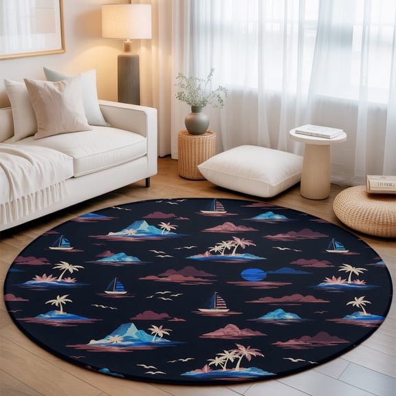 Island Night Landscape 3' Round Rug for Bathroom Accent Bedside Corner, Summer Coastal Mountain Palm Tree Sea Sailboat Washable Non Slip Soft Circle Area Rug for Small Spaces Entryway