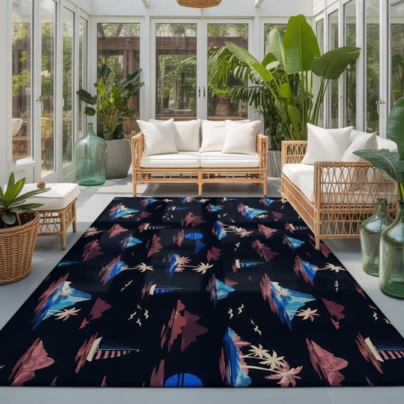 Island Night Landscape 9'x12' Area Rugs for Living Room Sectional Sofa, Summer Coastal Mountain Palm Tree Sea Sailboat Washable Sturdy Non Slip Soft Sturdy Rectangle Home Area Rug